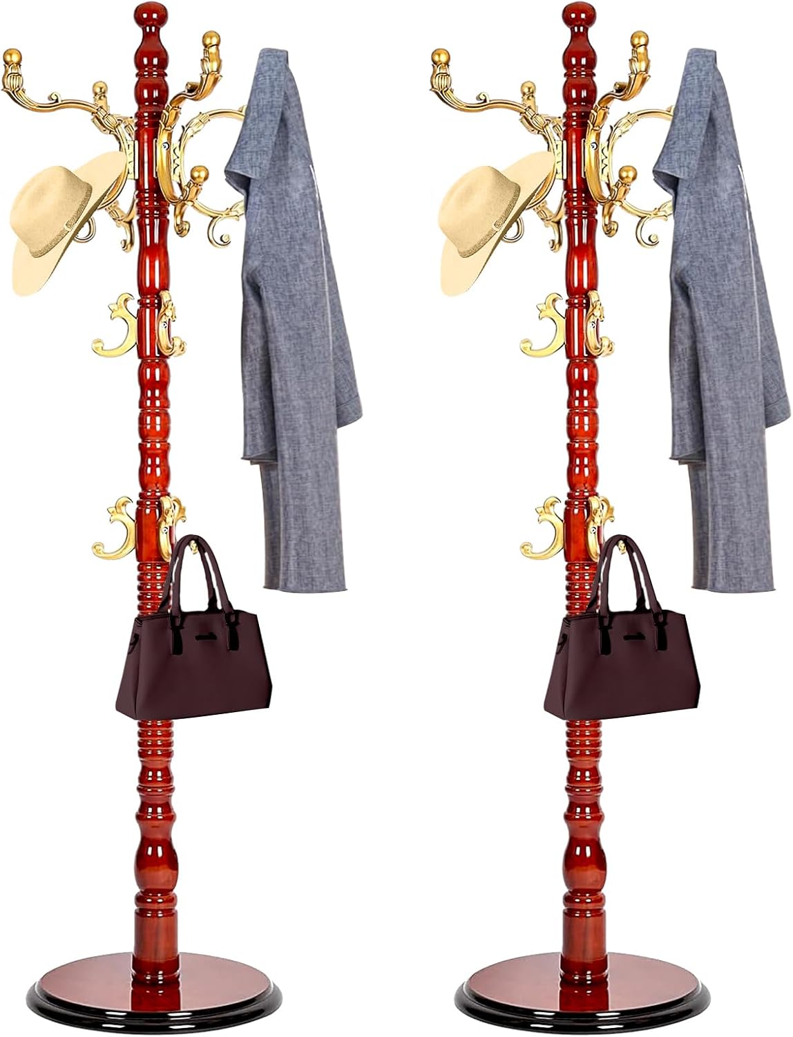 Vintage Wooden Coat Rack Free Standing,14 Hooks, 3-Level Adjustable Height, 73-Inch Retro Coat Rack Stand, Suitable for Entryway, Living Room, Office and Bedroom (Begonia color, 2PCS)