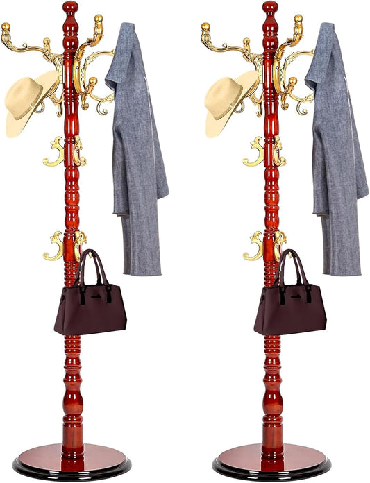 Vintage Wooden Coat Rack Free Standing,14 Hooks, 3-Level Adjustable Height, 73-Inch Retro Coat Rack Stand, Suitable for Entryway, Living Room, Office and Bedroom (Begonia color, 2PCS)