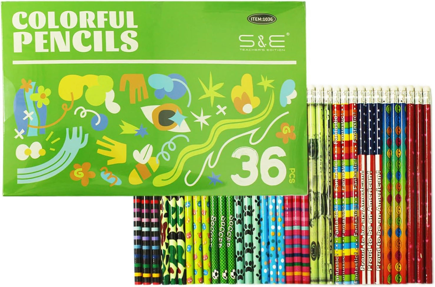 S & E TEACHER'S EDITION 36pcs Assorted Colorful Pencils, Wooden Pencil with Eraser, Pencil Assortment, Novelty Kids Pencils，Awards & Incentives, No. 2 HB, Back to school, 12 Designs.