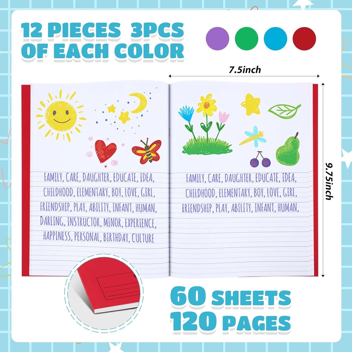 Henoyso 12 Pcs 120 Pages Primary Composition Notebooks K-2 9 3/4 x 7 1/2 Inch Journals Primary Journals Blank Books for Kids to Write Stories Kindergarten (Red,Green,Blue,Purple)