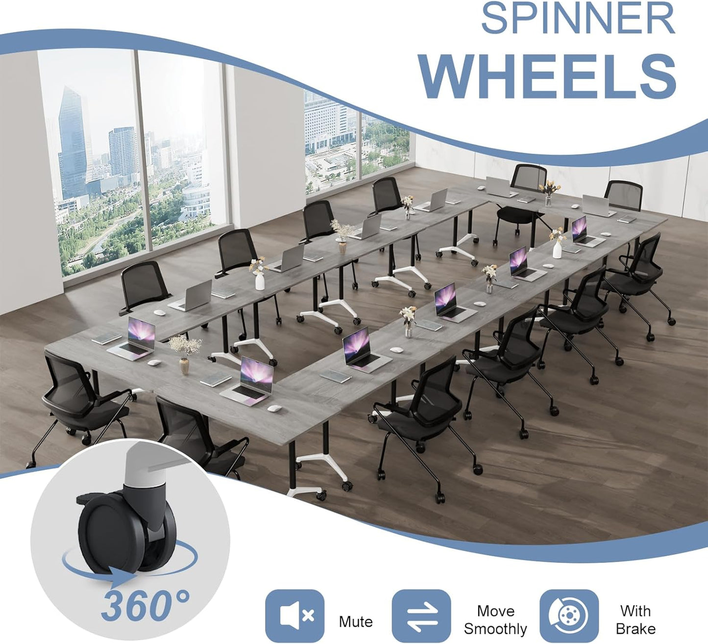 Folding Conference Table, Mobile Training Table for Office Conference, Modern Modular Rectangular Work Desk Meeting Seminar Work Tables with Caster Wheels, Large Breakroom Tables (4Pack L70.9in)