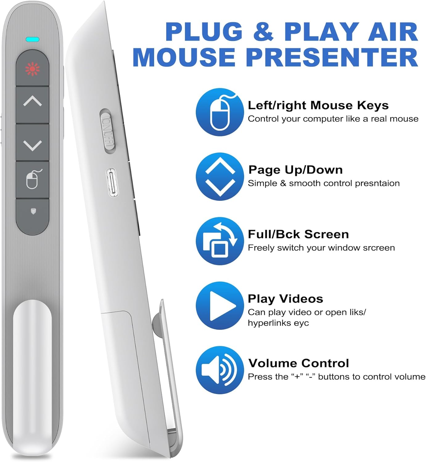 DinoFire Wireless Presentation Remote with Air Mouse White, RF 2.4GZ Rechargeable USB C Slide Clicker for Powerpoint Presentations for Laptop/Computer/MAC