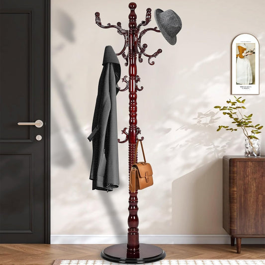 Vintage Free Standing Coat Rack with Disc Base, Solid Wood Coat Hanger Stand with 18 Hooks and 3 Adjustable Size, Standing Coat Rack Tree for Entryway, Bedroom, Hallway, Office, Apartment
