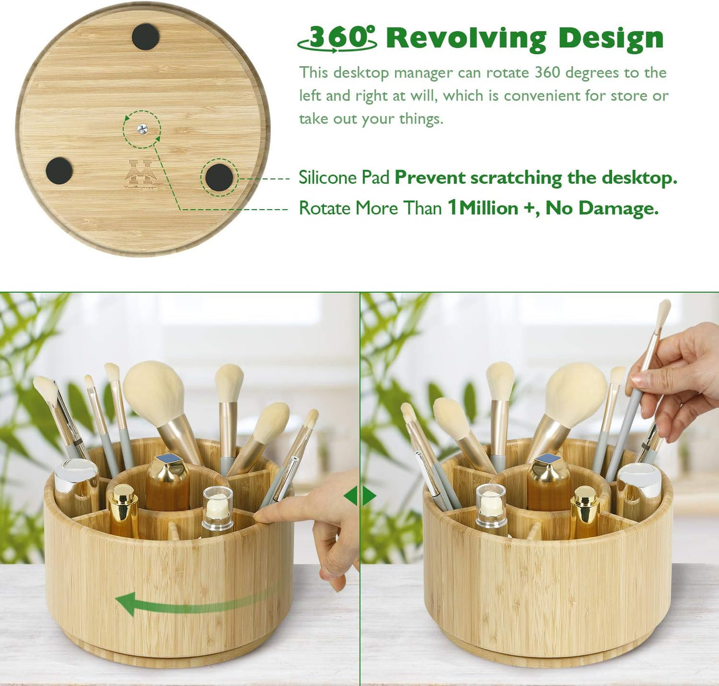 Bamboo Rotating Pencil Holder for Desk - Pen Holder Desk Organizer with 7 Compartments, Office Supplies Desktop Storage Caddy for Colored Pencils, Markers, Crayon, Comestics and Cutlery etc.