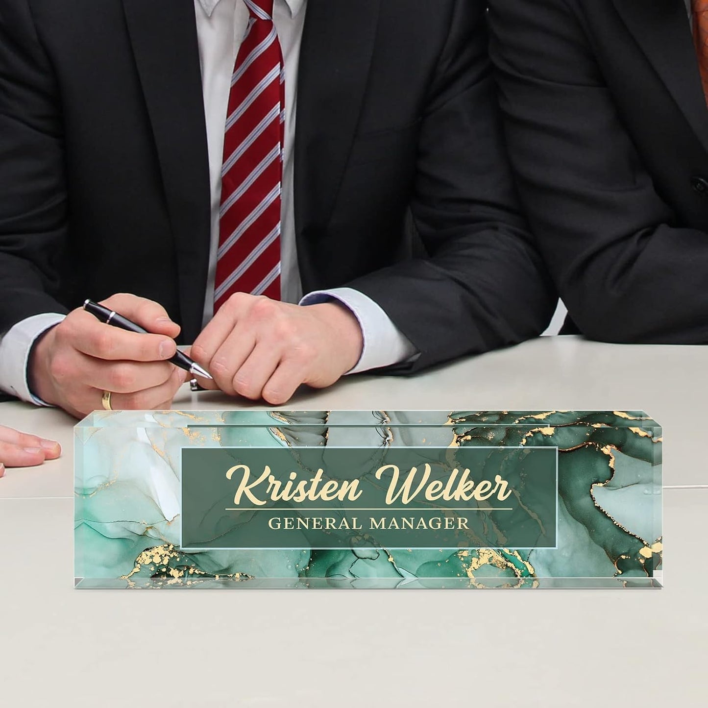 Personalized Premium Green Marble Acrylic Desk Name Plate, Office Decor for Women or Men Coworkers, Boss, Employee, Teacher