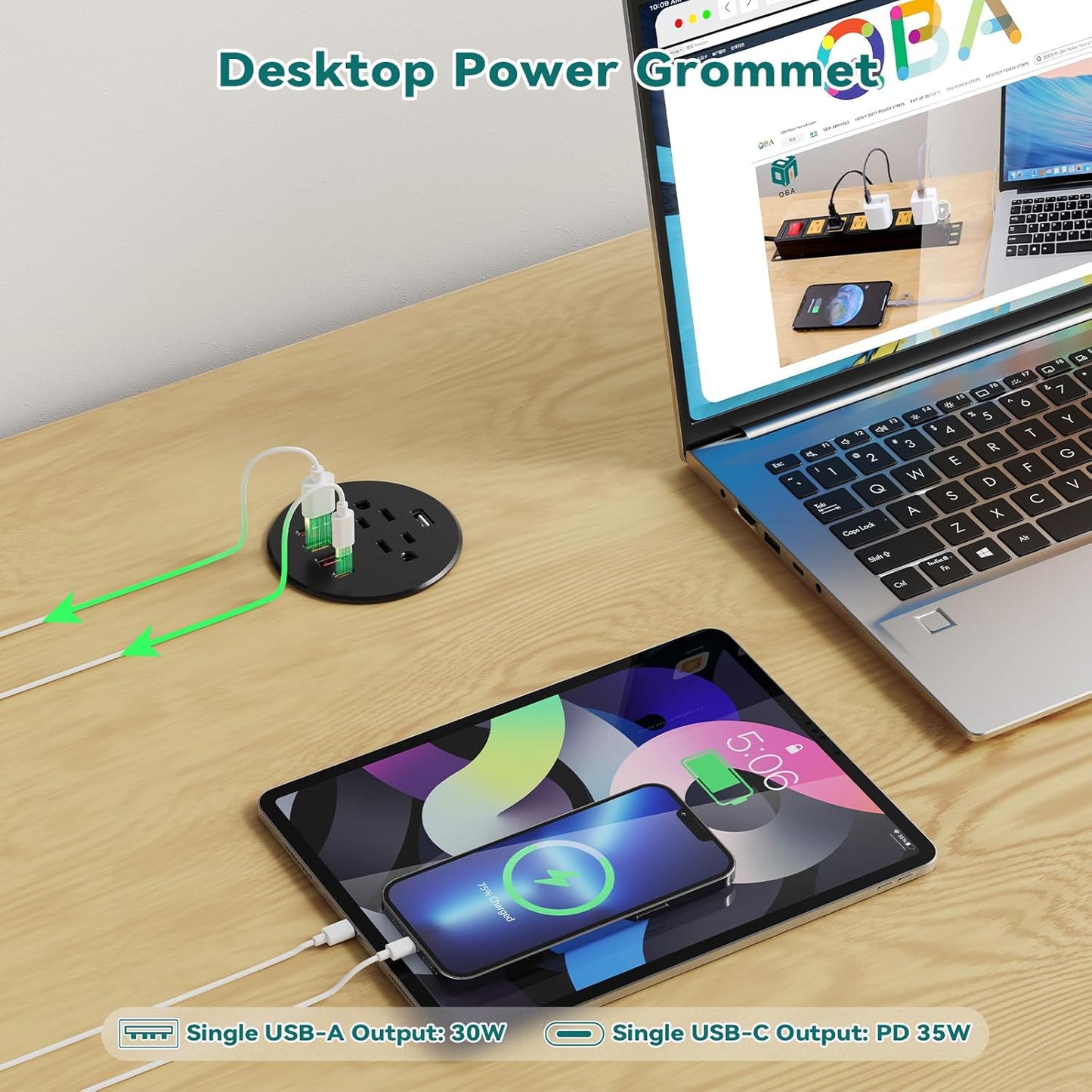 QBA Recessed Power Grommet with USB-C 35W, Desk Charging Station with 2 AC Outlets, 4 USB Ports, 3 Inch Flush Mount Power Outlet for Home Office Furniture