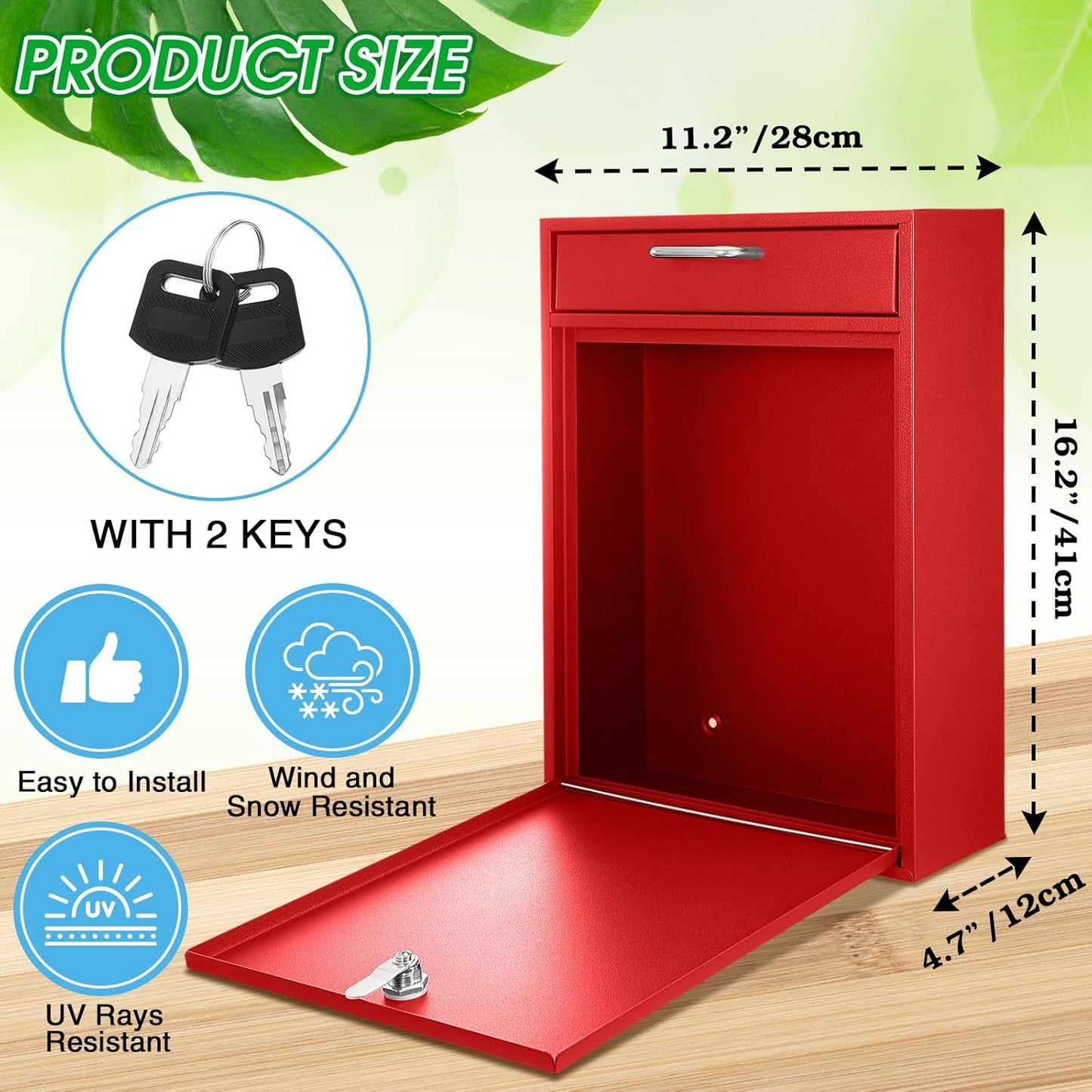 Locking Mailbox with Key for Outdoor 16.2 x 11.2 x 4.7 Inches Large Wall Mount Mail Box with Lock Security Mail Drop Metal Collection Boxes Hanging Secure Postbox(Red)