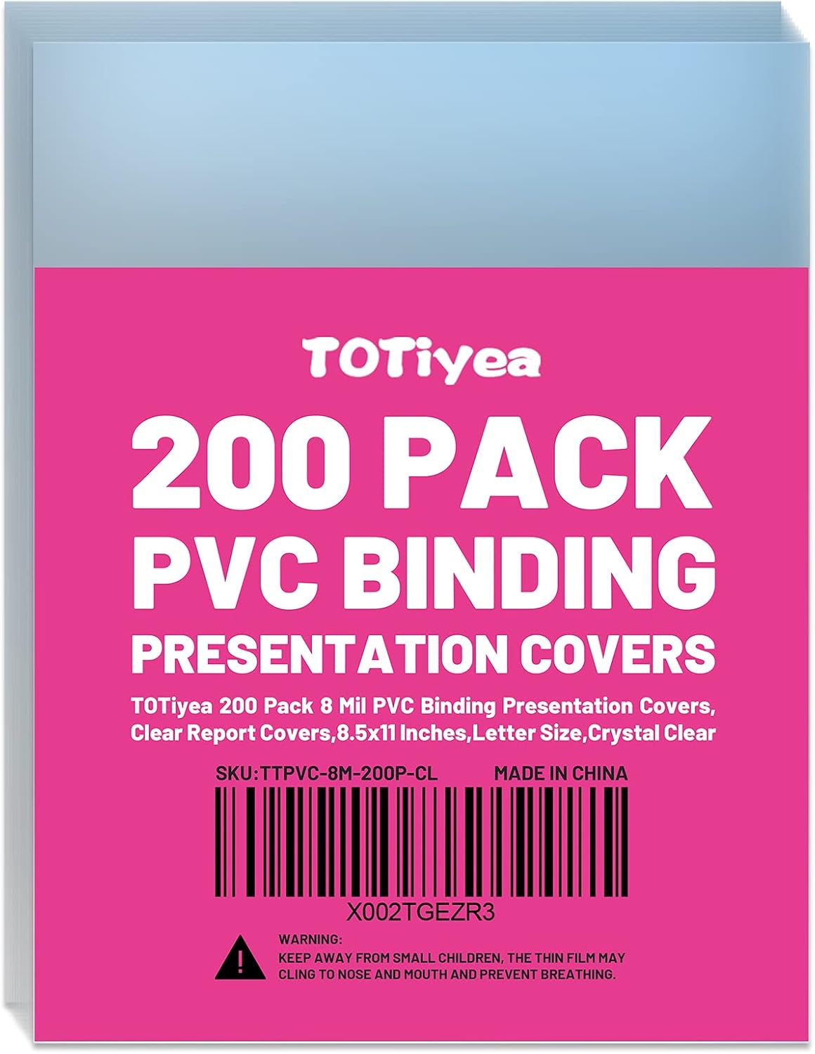 TOTiyea 200 Pack 8 Mil PVC Binding Presentation Covers, Clear Report Covers for Binding,8.5x11 Inches,Letter Size
