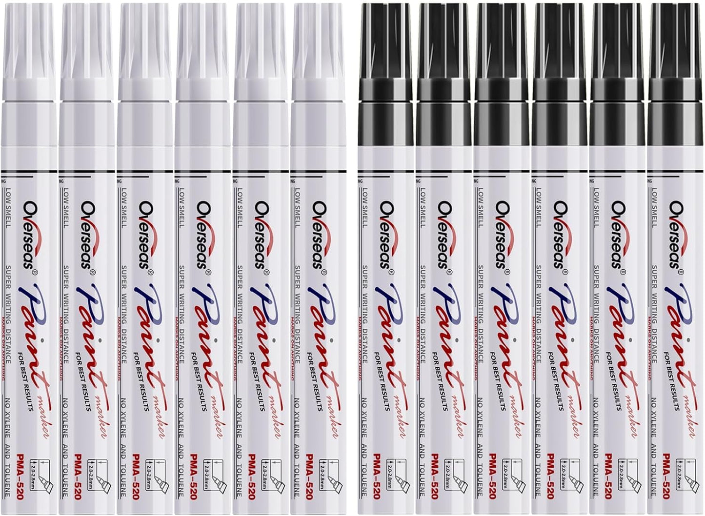Overseas White and Black Paint Pens, 12 Pack Oil Based Permanent Markers - Medium Tip, Quick Dry and Waterproof Paint Markers for Rock, Wood, Metal, Plastic, Canvas, Glass, Ceramics, Rubber