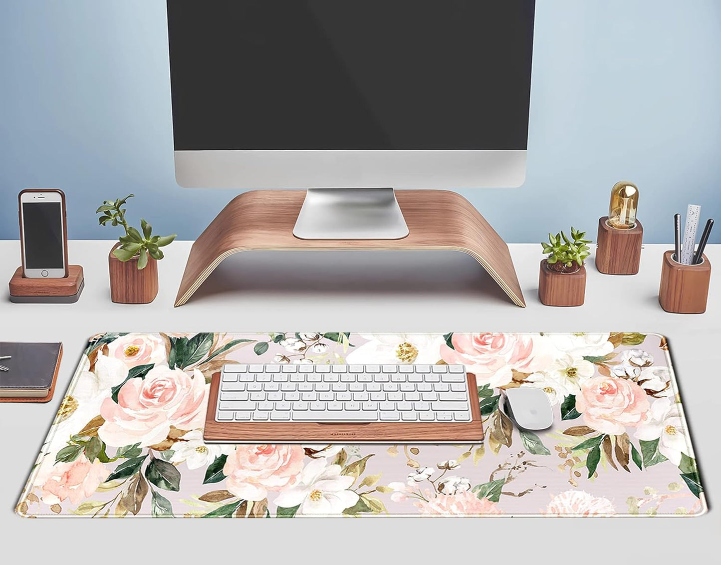Pink Flowers Keyboard Pad PC Gaming Desk Mat Desk Mouse Pads Green Leaves Floral Mouse Pad Large, Computer XL Big Mousepad Deskpad Mat with Stitched Edge for Women Home Office Decor 31.5x11.8 in