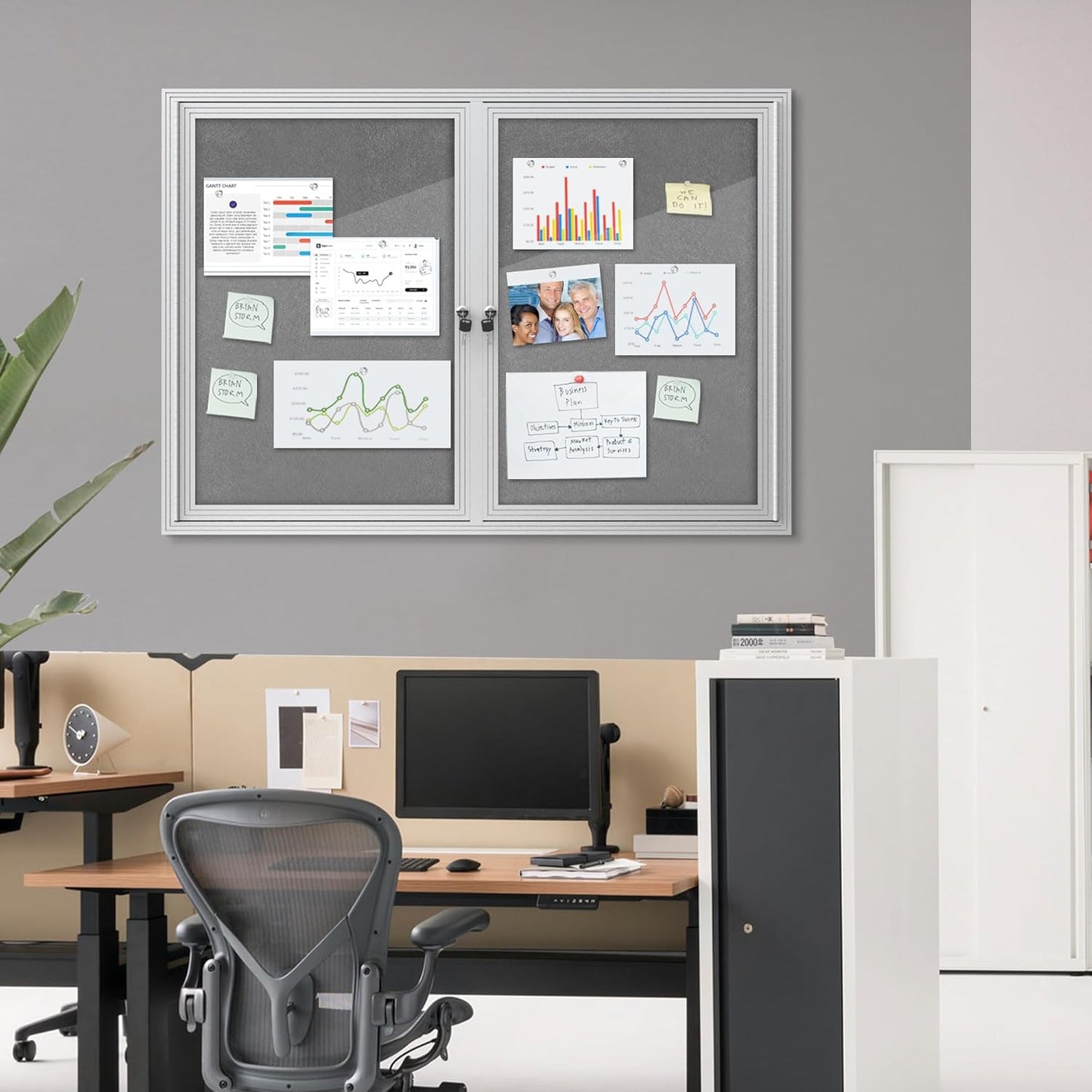 48"x34" Enclosed Bulletin Board, Outdoor Lockable Weather-Resistant Aluminum Cork Noticeboard for School & Office, Silver Frame w/Grey Flet