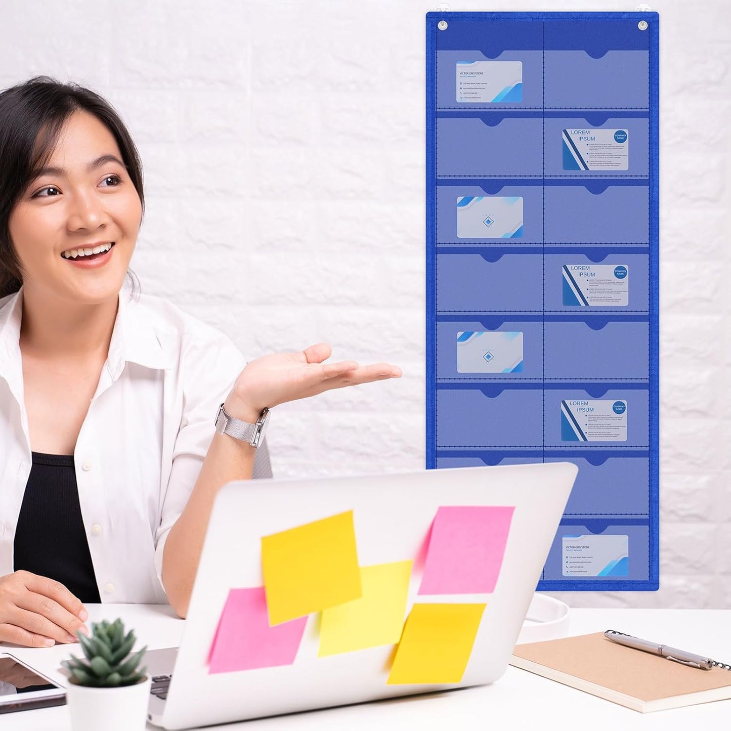 2 Pack 3'' x 5'' Index Card Holder Sleeve 16 Slot Plastic Organizer Hanging Wall Mount Business Note Cardholder PVC Clear Organizer Pocket for Classroom Office Library Home (Blue)