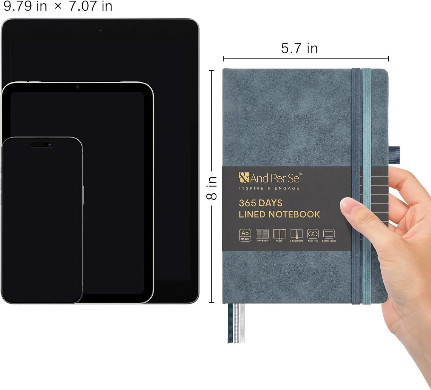 &And Per Se Lined Journal Notebook, 365 Pages, A5, 5.7'' x 8'' 100GSM Thick Paper, Journals for Writing, Hardcover Notebooks for Women Men (Blue)