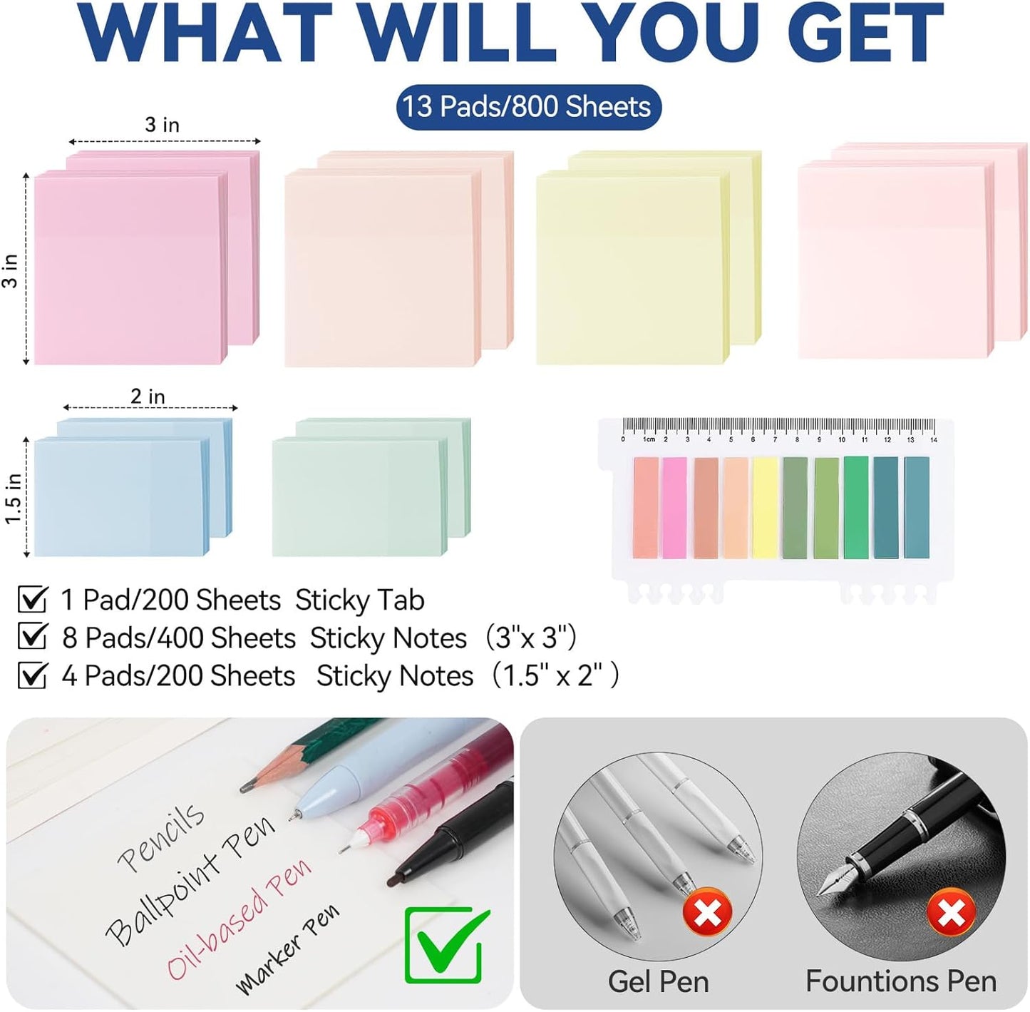 800 Sheets Transparent Sticky Notes with Index Tab, Waterproof & Crystal Clear Sticky Notes Sets, See-Through PET Sticky Note, 5X The Sticking Power Translucent Sticky Note Pad,13 Packs