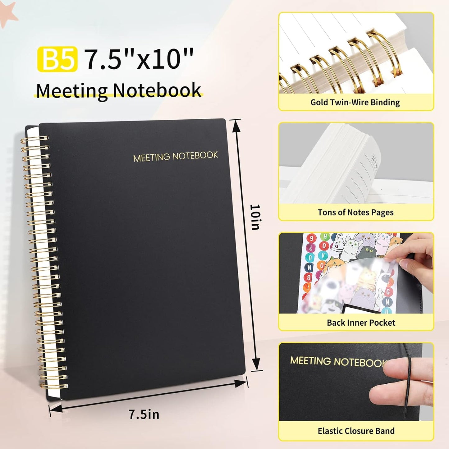 SUNEE Meeting Notebook for Work with Sticky Tabs - 160 Pages, B5 Size Project Planner, Spiral Meeting Agenda/Minutes Notebook Organizer for Women Men, Note Taking, Office & Business, 7"x10", Black