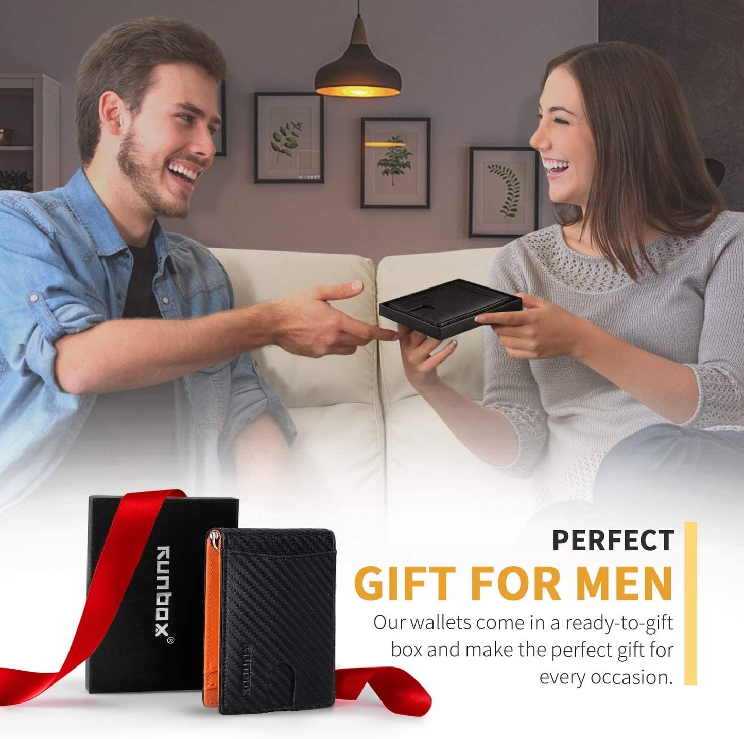 RUNBOX Slim Wallets for Men with RFID Blocking & Minimalist Mens Front Pocket Wallet Leather Black&inner Orange