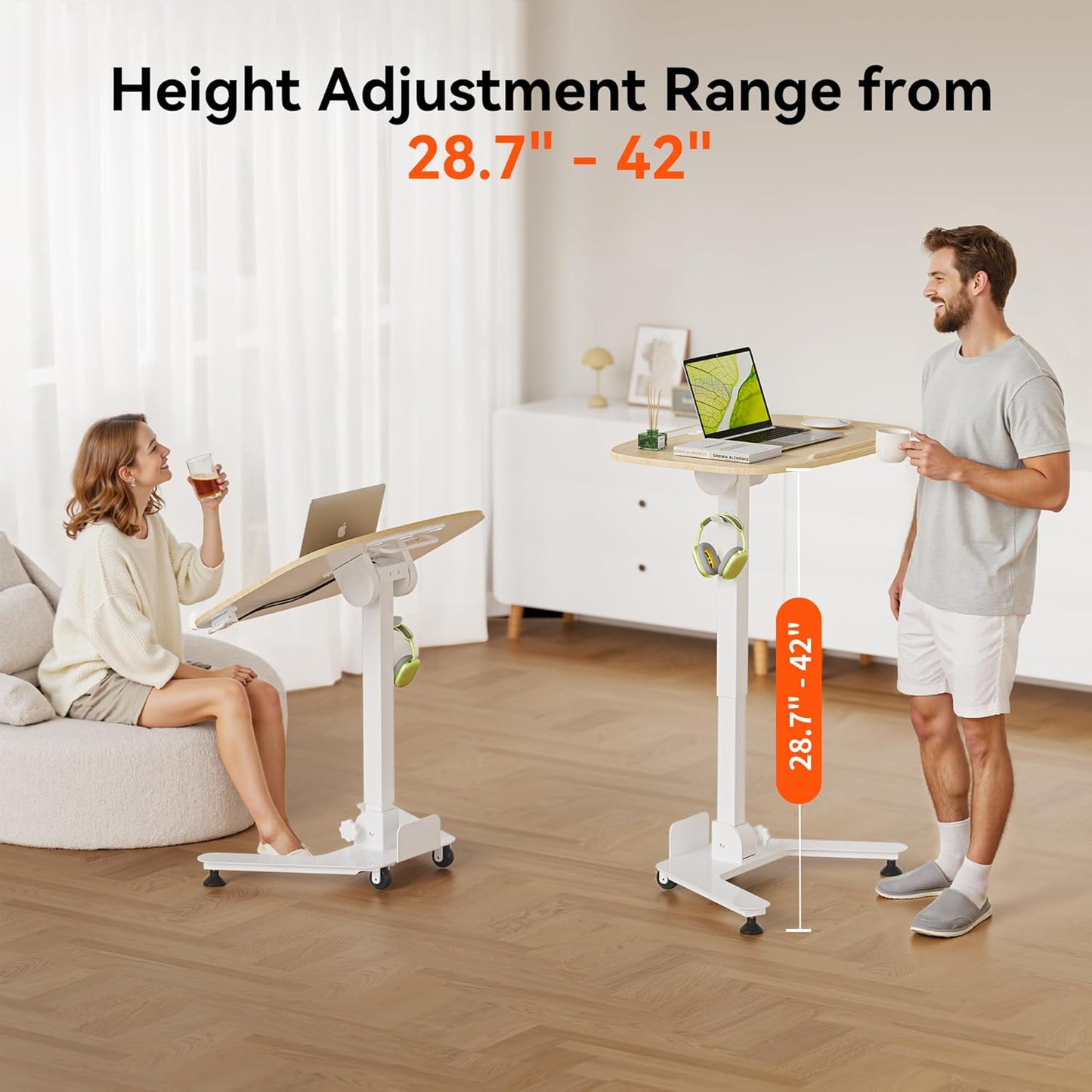 Folding Pneumatic Height Adjustable Mobile Standing Desk with 90° Tiltable Tabletop, 27.2x18.9 Inch Portable Laptop Desk with Wheels, Holds Up to 66.1lbs for Home Office, Study, Oak