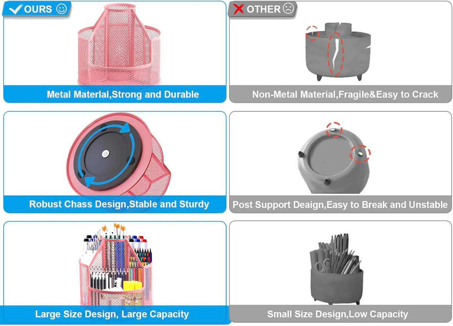 Sturdy Rotating Pen Holder, Cute Metal Pencil Holder, Large Mesh Pen Organizer for Desk, Premium Friendly Office Desk Accessories & Workspace Organizers, Pink