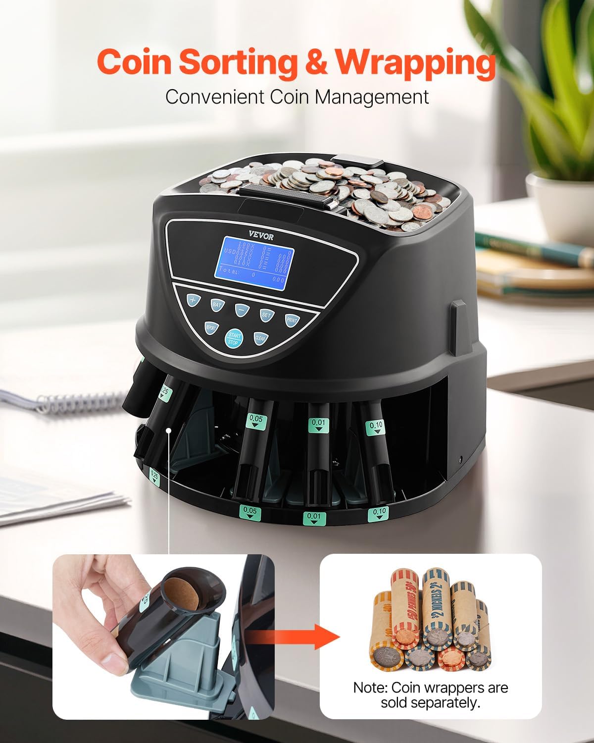 VEVOR Upgraded Coin Counter & Sorter, Coin Sorter and Wrapper Machine with Intuitive Display, Change Counter for USD Coins 1￠ 5￠ 10￠ 25￠ $1, Sorts up to 300 Coins/Min, with 5 Coin Tubes and 5 Trays