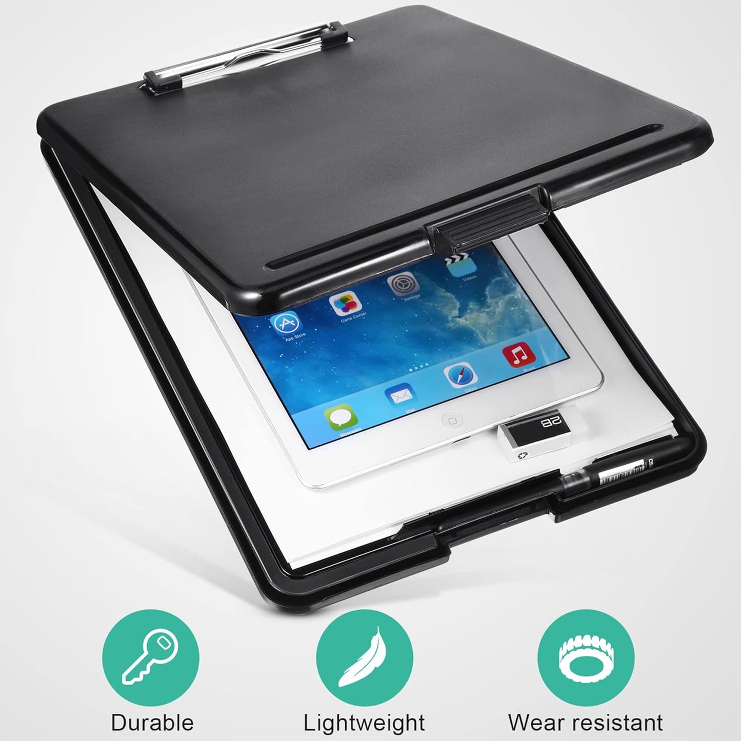 10 Pieces Clipboard with Storage Plastic Storage Clipboard Nursing Clip Board Foldable Clip Board with Low Profile Clip for Home Office School, Size 9.5 x 13.5 Inch (Black)