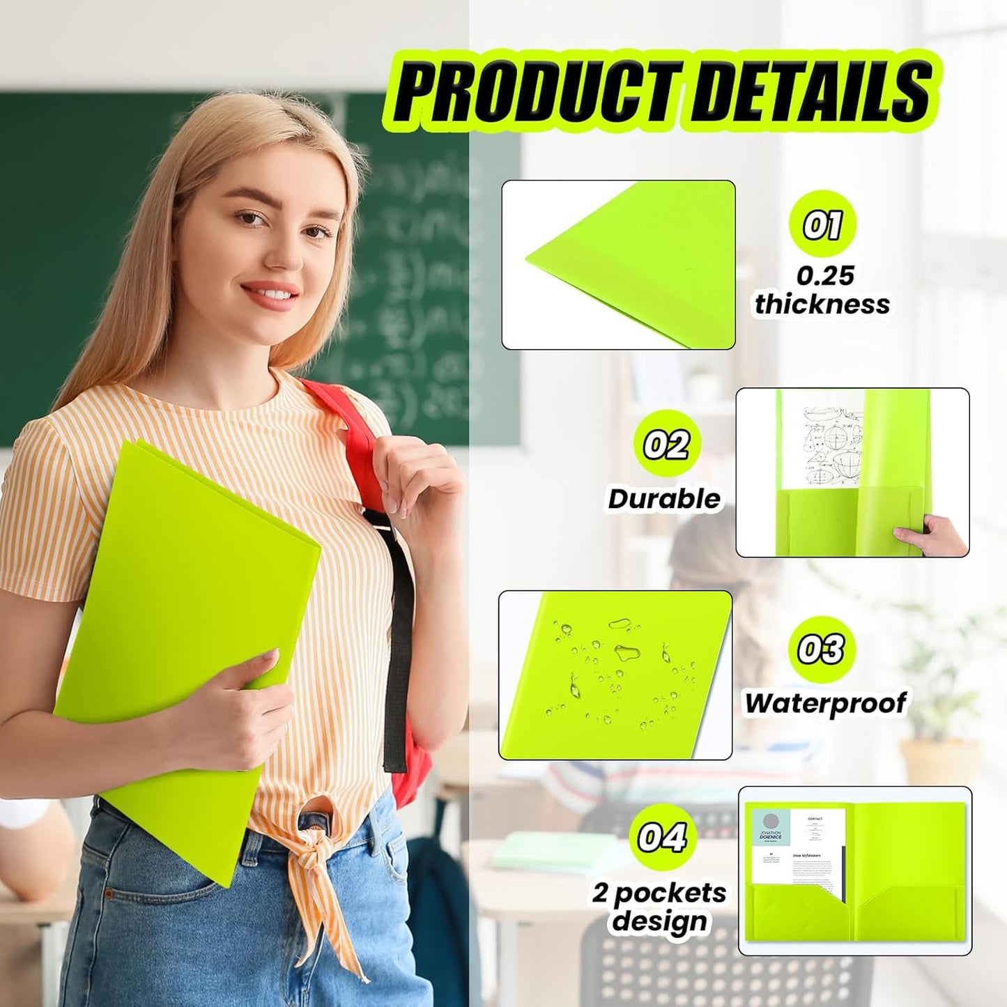 Gueevin 50 Pcs Plastic Folders with Pockets, Back to School Two Pocket Folder Fit Letter Size, Heavy Duty School Business Card Holder for Home Office, 11. 61 x 9. 45 Inches (Fluorescent Green)