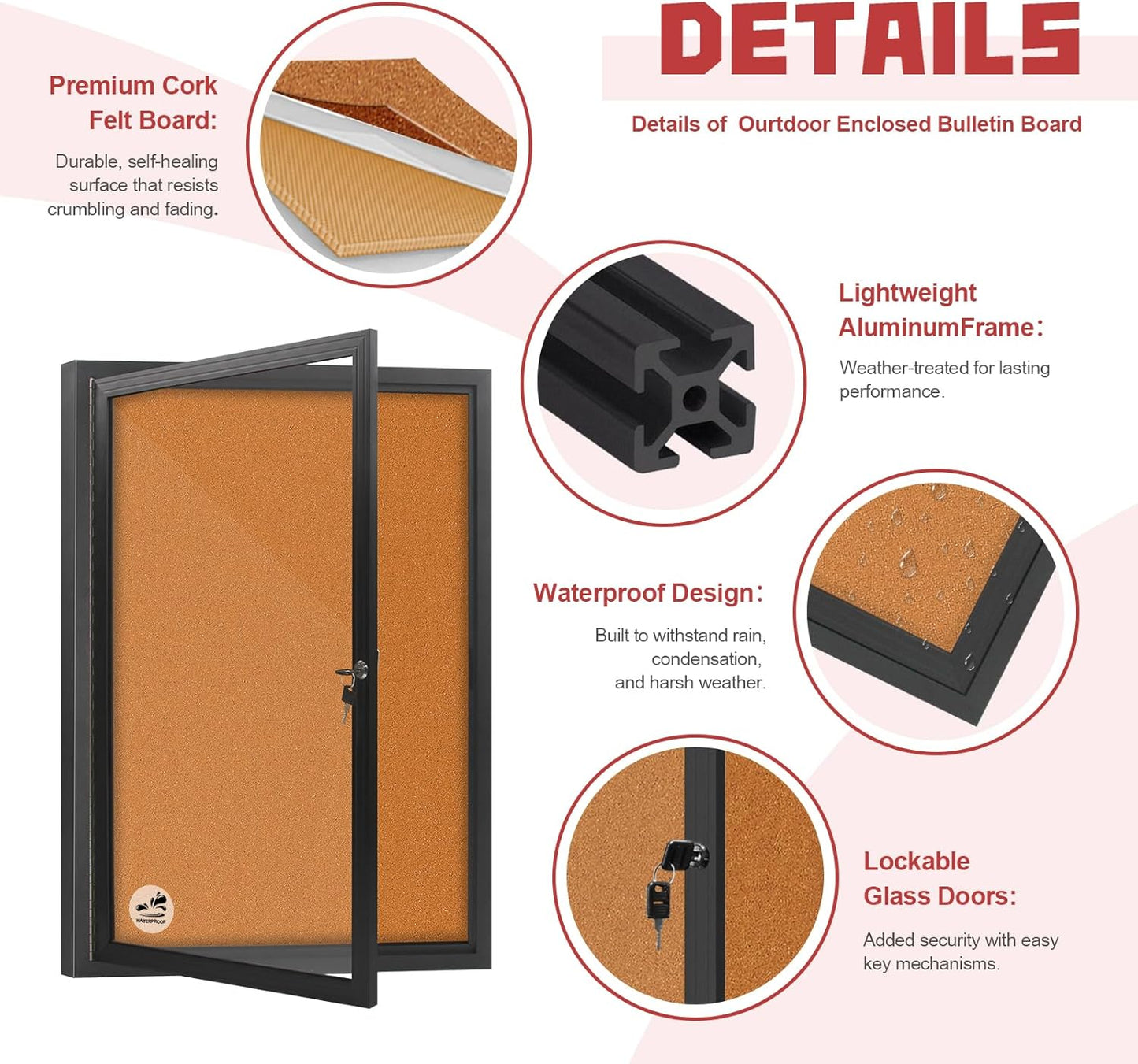 36x24 Inch Outdoor Enclosed Bulletin Board with Locking Door - Weatherproof & Tamperproof Cork Notice Board - Black Aluminum Frame