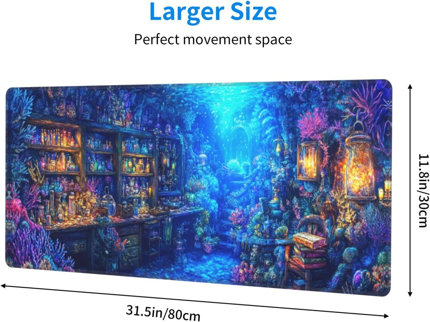 Magical Sea Mouse Pad 31.5 X 11.8 Inch Big Desk Rubber Base Stitched Edges Keyboard Pad XXL Mouse Mat for Home Game and Office