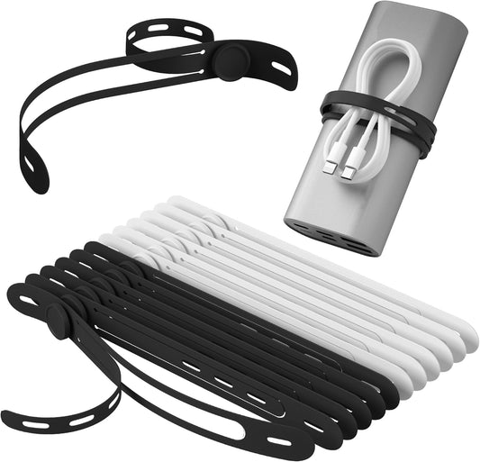 Nearockle Latest Double-Sided Silicone Cable Ties, 12Pcs Reusable Cord Organizer for Bundling Phone Charger and USB Cable, Multifunctional Organizer for Travel Home (White&Black)