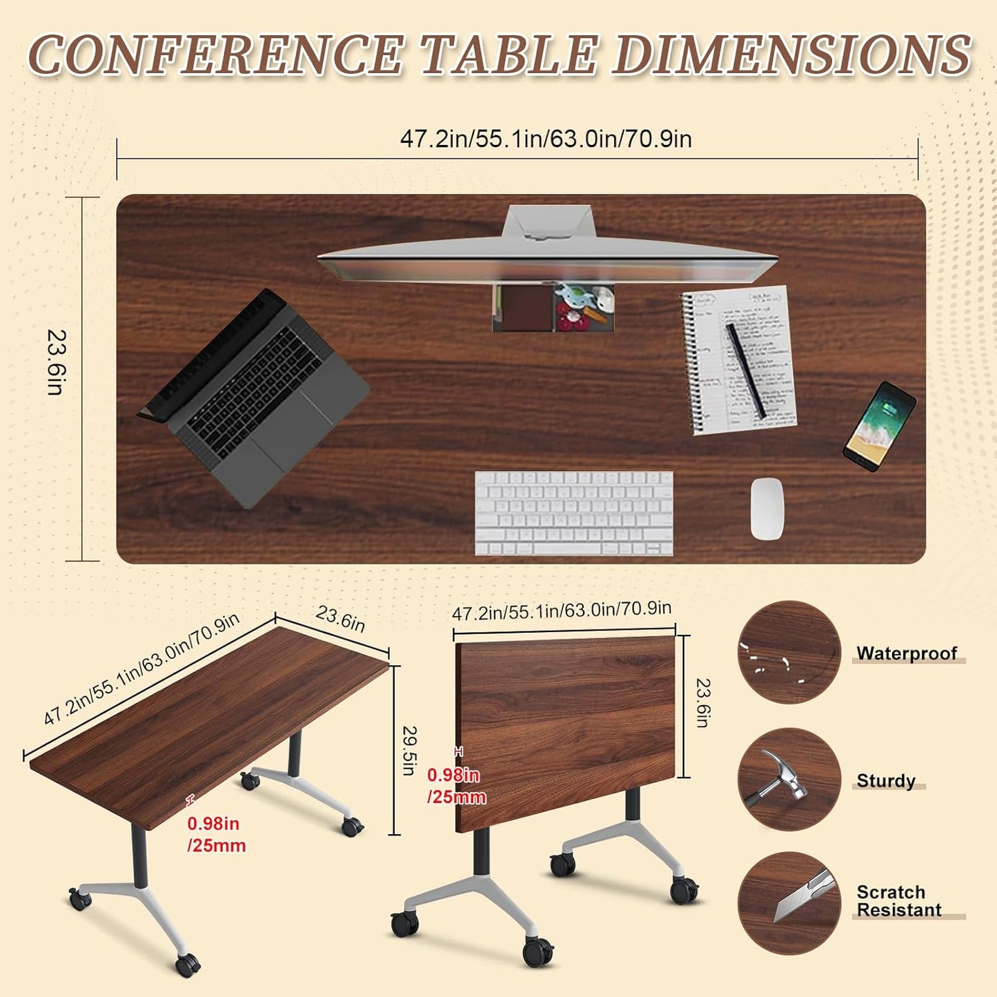 Folding Conference Room Table, Modern Conference Tables with Wheels, Large Rectangular Mobile Training Tables for Office Classroom, Foldable Modular Boardroom Seminar Table (6pack L55.1in)