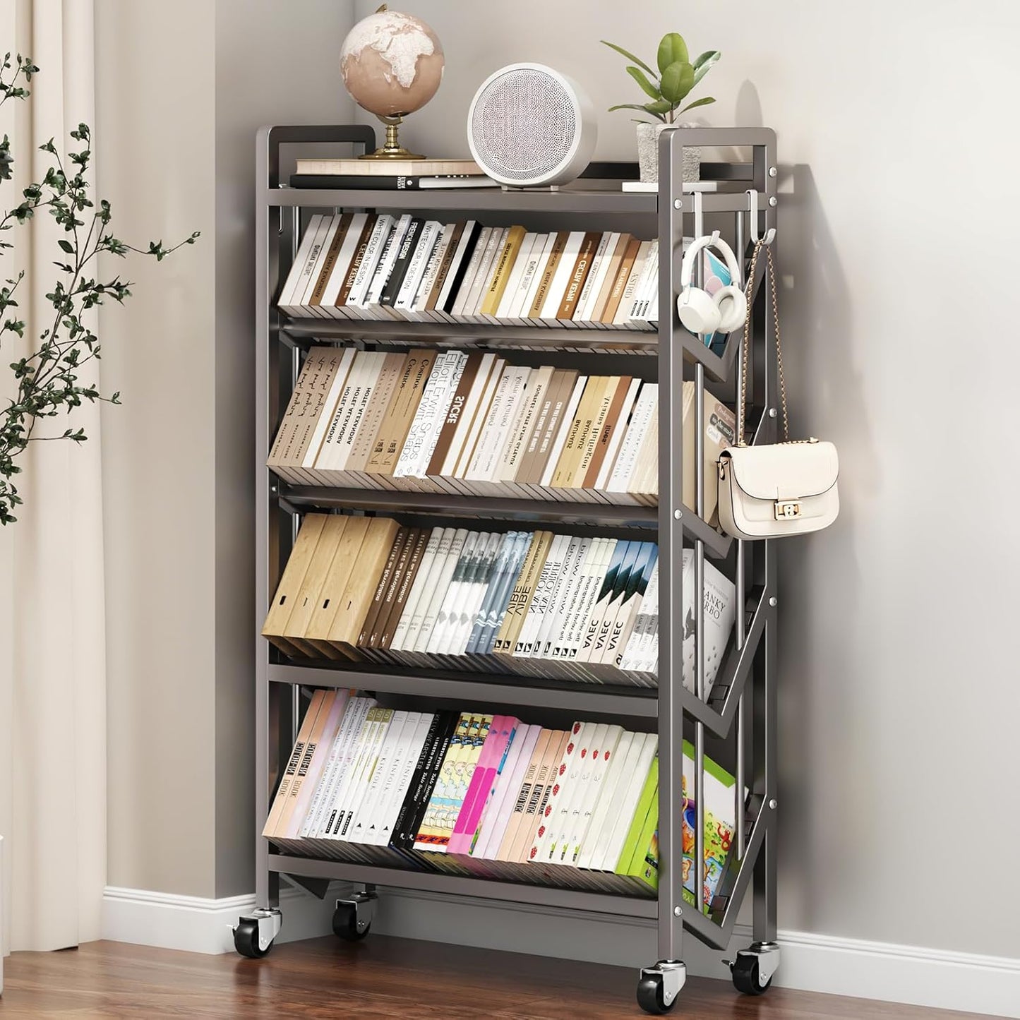 Bookshelf Movable Book Cart Multi-Layer Storage Rack Large-Capacity Rolling Cart L-Shaped Carbon Steel Shelf Suitable for Storing Books, Magazines, Newspapers, Shoes