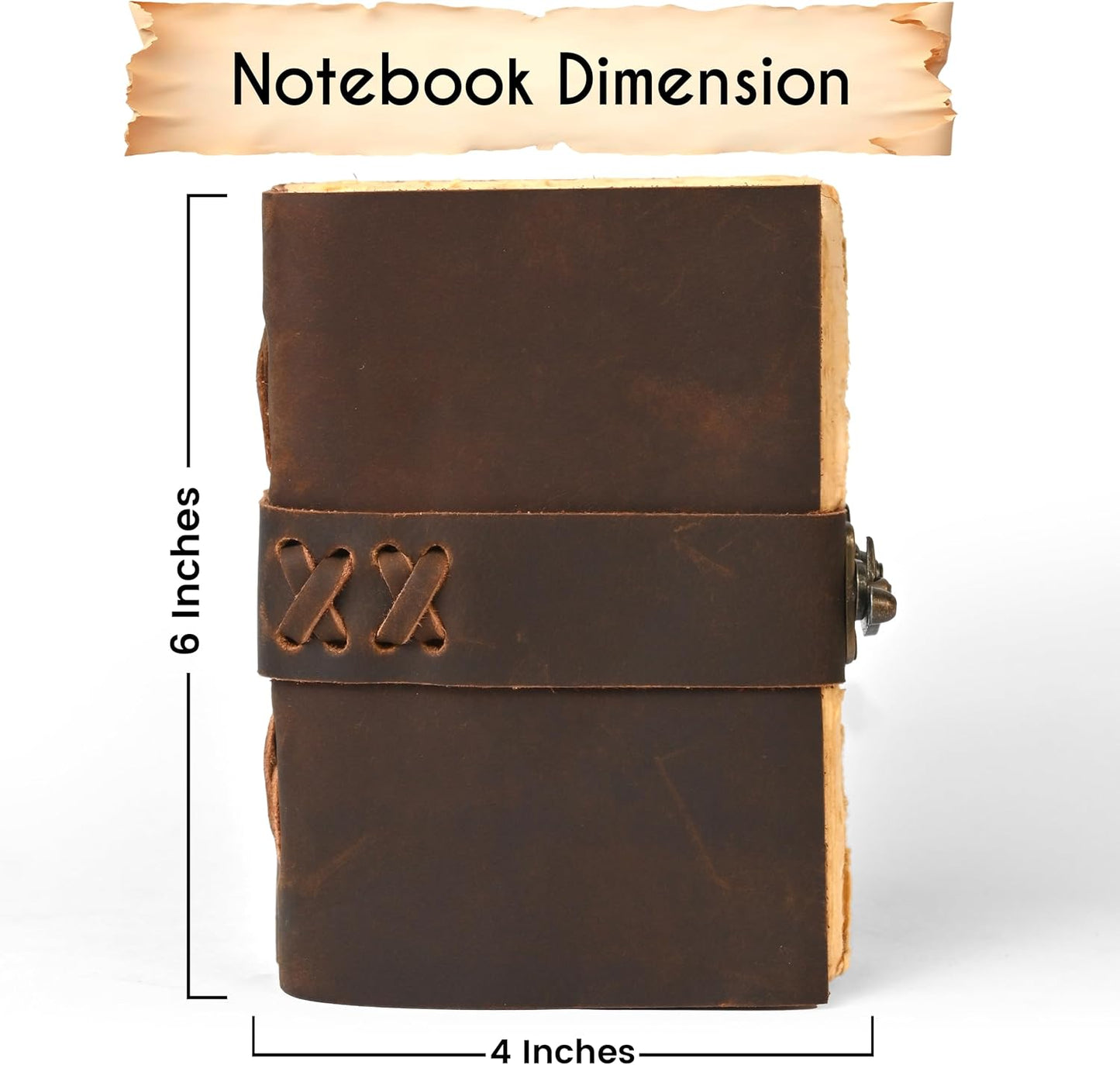 Vintage Brown Leather Notebook Journal with Clasp Lock – 200 Antique Deckle Edge Pages, 6"X4" Handmade Rustic Leather Notebook, Drawing, Sketchbook, and Travel Journal – Gift for Men & Women