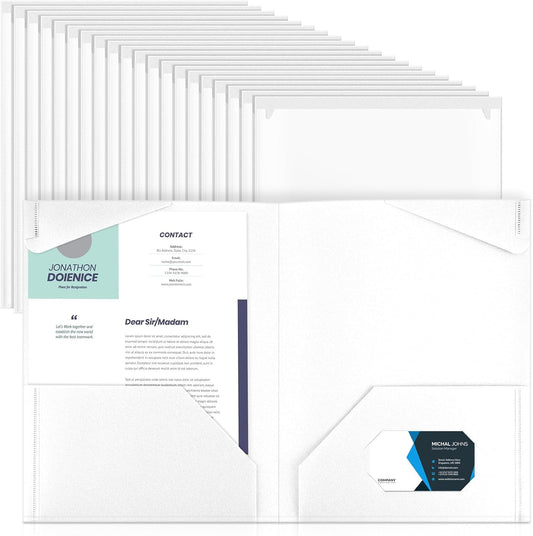 Henoyso 60 Pcs Plastic Folders with Clear Front Pockets Heavy Duty File Folders with 2 Pockets and Card Slot for Student Communication School Office Presentation Report (White)
