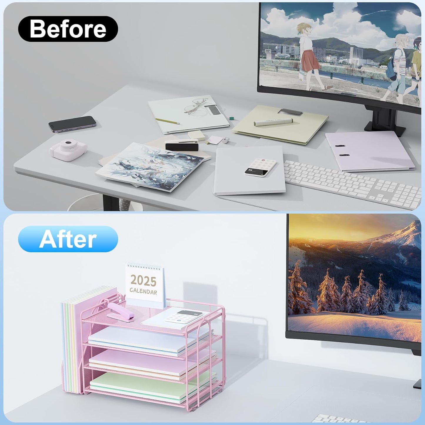 Spacrea Desk Organizers and Accessories, Paper Organizer for Desk with File Organizer, Desk Accessories & Workspace Organizers for Office Supplies (Pink)