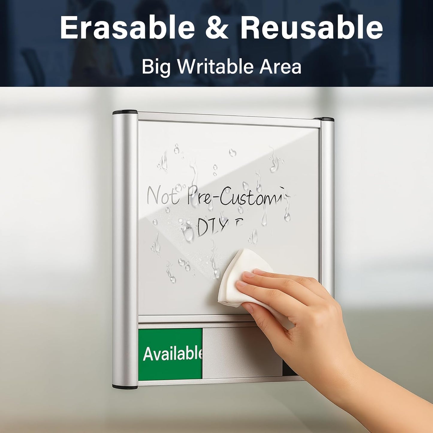 Conference Room Door Sign with Slider – Office Door Sign for Meeting Room, Brushed Silver Writable Whiteboard Panel, DIY Custom Insert, Fingerprint-Resistant, Self-Adhesive Mount, Clear Status Display, Rounded Corners