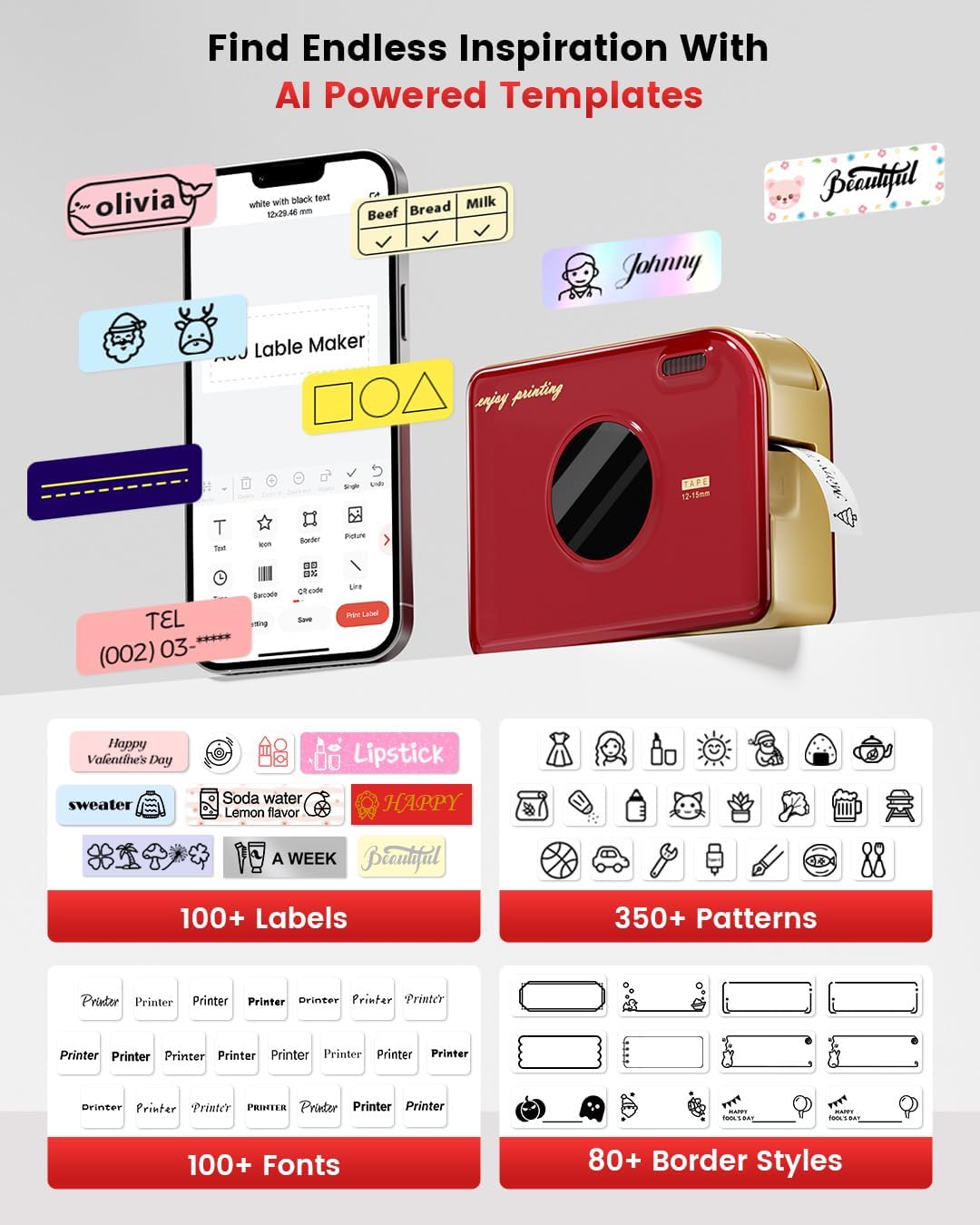 Phomemo A30 Label Laker Machine with Tape, Mini Bluetooth Portabel Color Text Label Printer, Smart Thermal Transfer Printing Sticker Printer for Christmas Decorations Home Office Small Business School