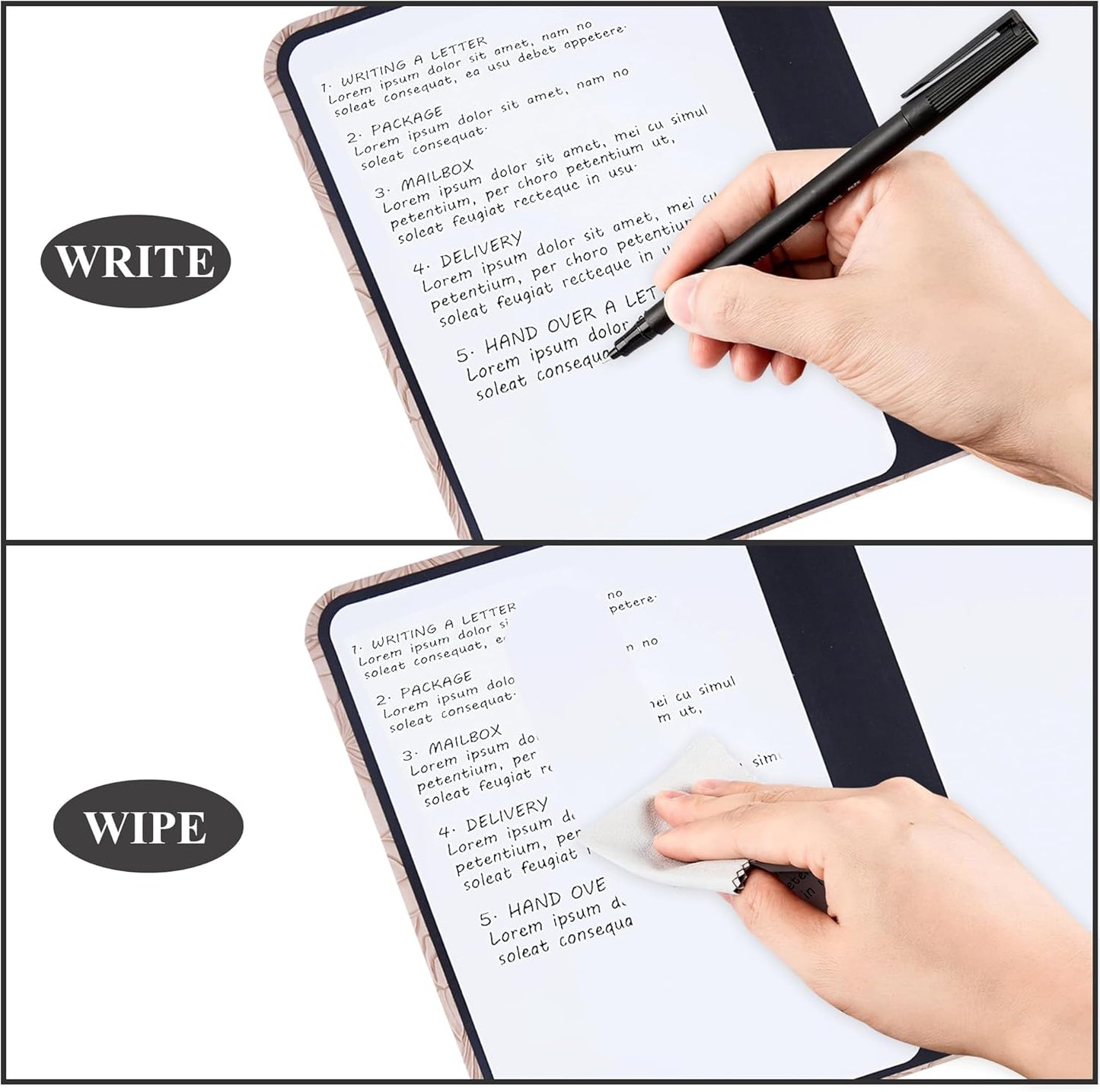 Portable Small White Board Dry Erase Board, Reusable 9.5 * 6.6in Notebook Memo, Office Home Supplies Desk Accessories(1-Carved Apricot)