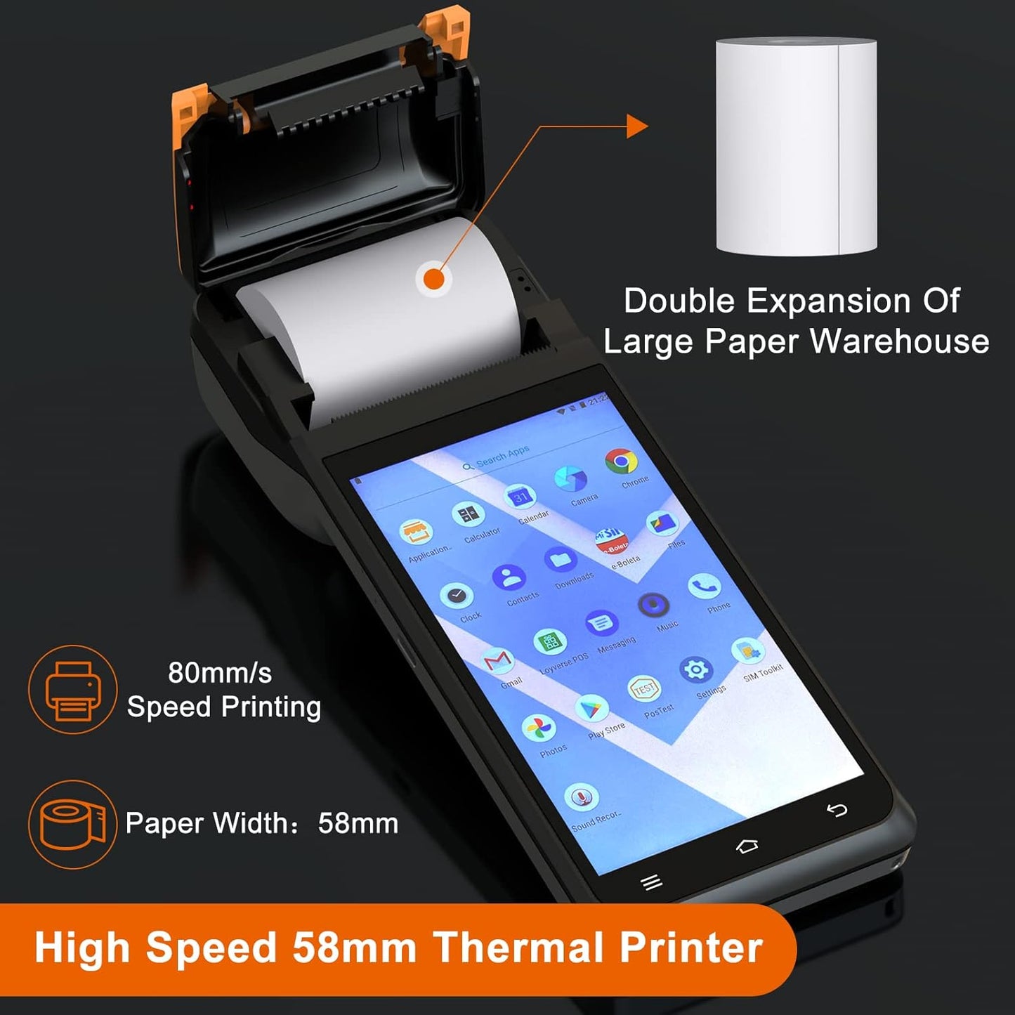 symcode POS PDA Thermal Receipt Printer,1D 2D Barcode Scanner Handheld PDA Printer Mobile POS Machine 5.5" Touch Screen 58mm Thermal Printer Android 8.1 Support 4G WiFi Bluetooth and NFC