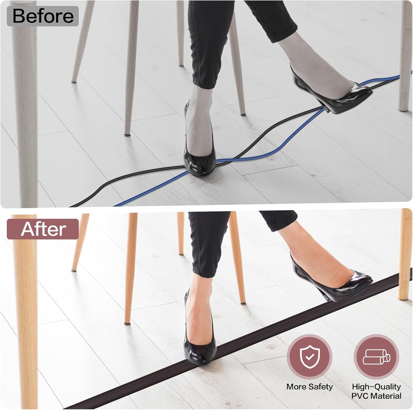 Floor Cord Cover Self Adhesive Cord Hider Floor Extension Cord Covers for Floor Power Cord Protector Cable Management Prevent Cable Trips Cable Cavity 0.32" W x 0.32" H (Dark Walnut, 10Ft)