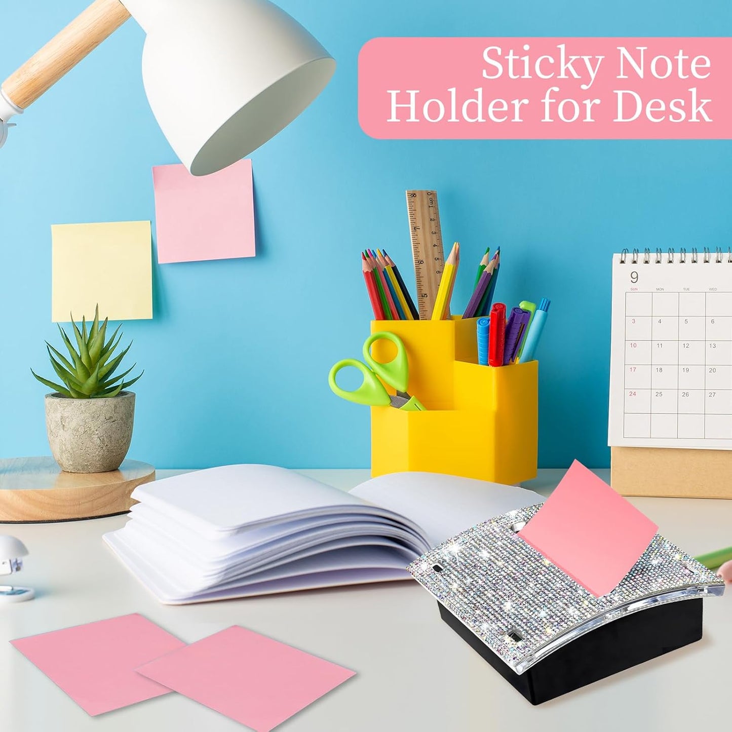 Rhinestone Self Sticky Note Holder Post it Note Dispenser Pop-Up Sticky Notes Dispenser 4 x 4 Inches Post it Dispenser for Desk (AB Bling)