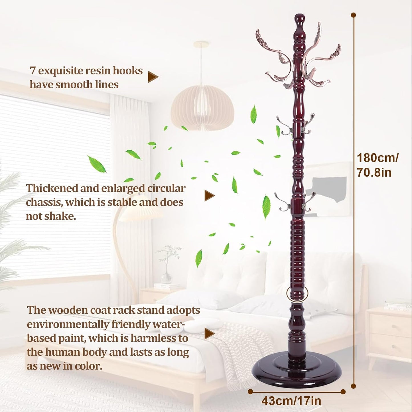 Vintage Wooden Coat Rack Free Standing,14 Hooks, 3-Level Adjustable Height, 73-Inch Retro Coat Rack Stand, Suitable for Entryway, Living Room, Office and Bedroom (Mahogany) (Metal, 1 PCS)