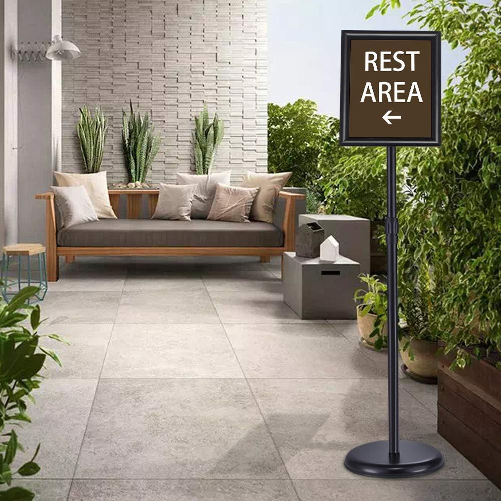 Adjustable Pedestal Poster Sign Stand 8.5x11 inchs, Black Floor Standing Sign Holder with Aluminum Snap Open Frame for Vertical/Horizontal Sign Displayed, for Store/Office/Hotel/School