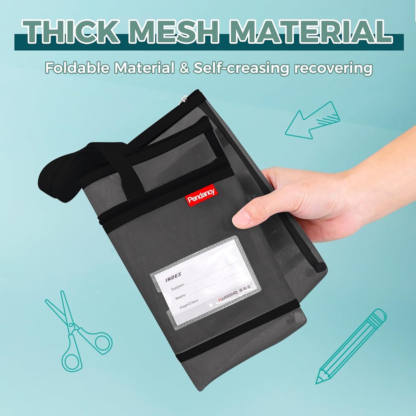 Pendancy Mesh Zipper Pouch A3 Size, Large Double Pocket Lightweight Nylon Transparent File Bag with Handle, 13x17 in Foldable Document Storage for Puzzle Project/Cross Stitch/Travel/Office (Black)