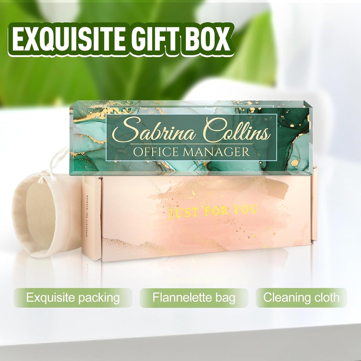 Name Plate for Desk, Desk Name Plate Personalized, Office Decor for Women Men, Acrylic Desktop Accessories, Office Gifts for Boss Nurse Teacher Coworker, Employee Appreciation Gift (Green Coast B)