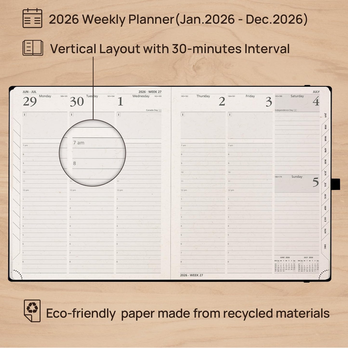 POPRUN 2026 Planner - 2026 Recycled Weekly Planner[8.5''x 10.5''- Italian Regenrated Leather Hard Cover] with Hourly Schedule & Vertical Weekly Layout, Monthly Tabs, Inner Pocket - Desert Brown
