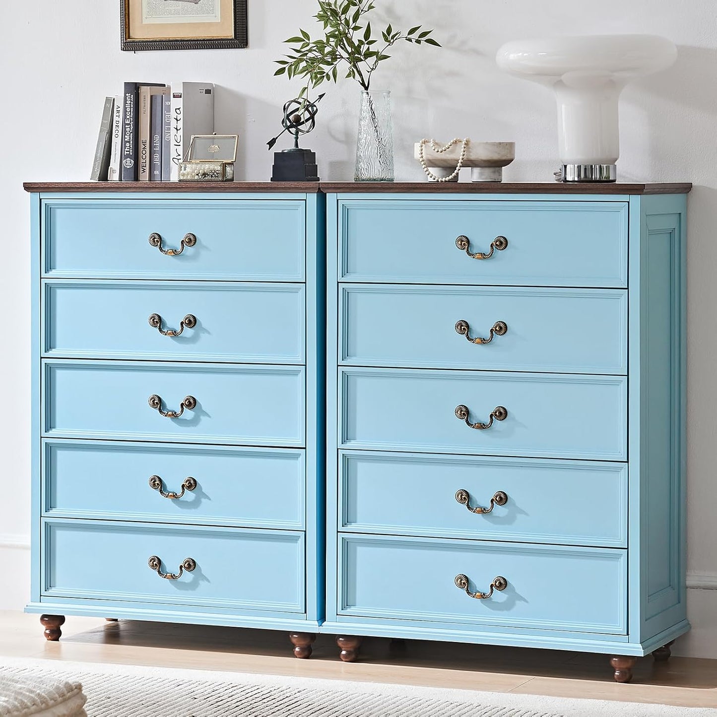 Farmhouse 5 Drawer Dresser Set of 2 for Bedroom, 45" Tall Vintage Chests of Drawers w/ 4 Solid Wood Feet, Mid Century Rustic Closet Storage Dressers Organizer for Living Room, Light Blue