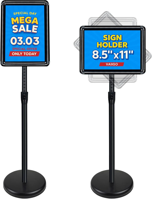 Sign Stand for Display - Adjustable 8.5x11 Inch Floor Standing Sign Holder, Pedestal Poster Stand for Vertical & Horizontal View, Indoor & Outdoor Use for Business, Mall, Restaurant - Black