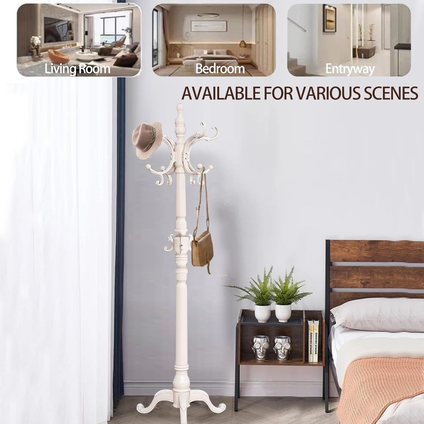 Wooden Coat Racks, Retro 78" Coat Tree with 12 Hooks & Stable Triangular Base, Entryway Coat Rack Freestanding for Hat, Clothes, Scarves, Handbags, Umbrella (Ivory)