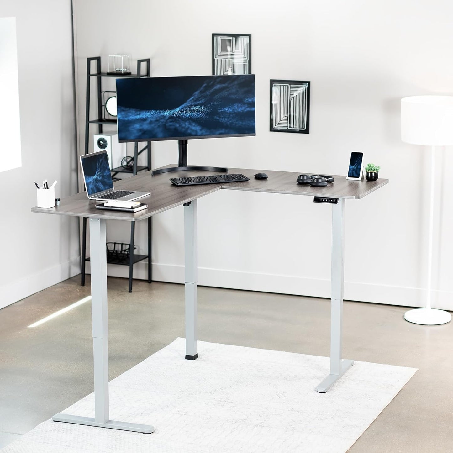 VIVO Electric Corner L-Shaped 63 x 55 in Standing Desk, Memory Height Adjustment, Dark Gray Top Gray Frame, DESK-E3CTGG