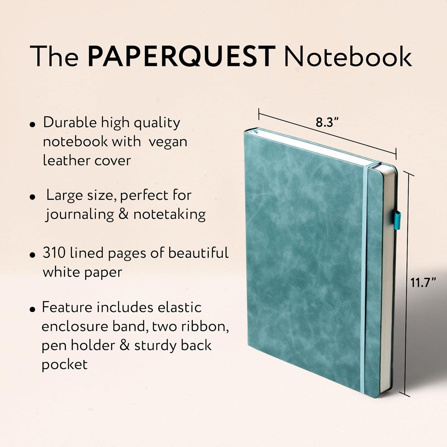 A4 Hardback Notebook, Vegan Leather Journal Lined, 310 Pages, 100GSM Thick Paper, Lay flat Notebook for Women, Men, Writing, Office, Work, Study, College Ruled Notebook with Pocket,