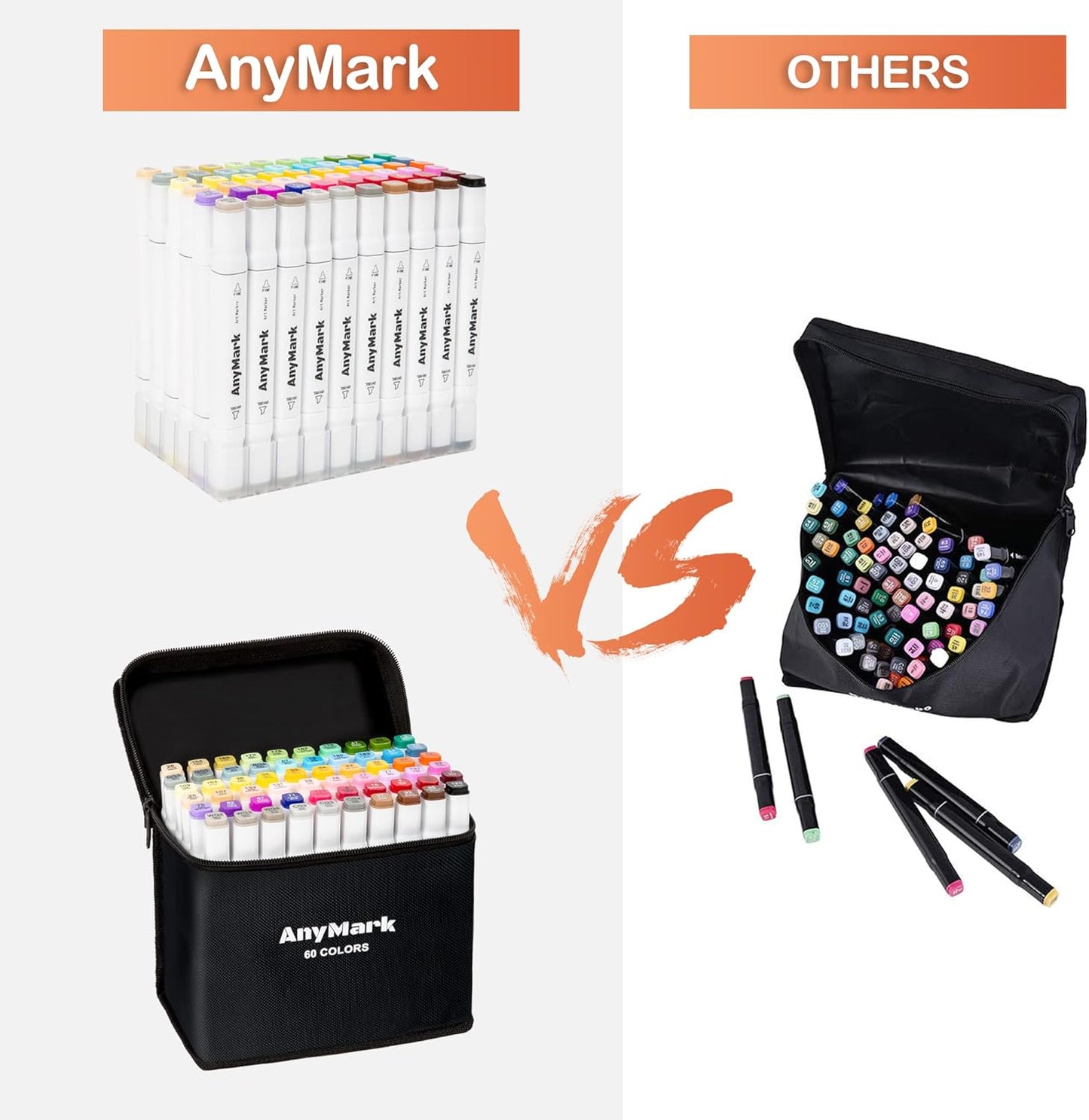 AnyMark Alcohol Markers, 60 Colors Dual Tip Art Coloring Markers Set for Kids Adult Book Drawing Sketching Painting, Chisel & Fine, White Penholder